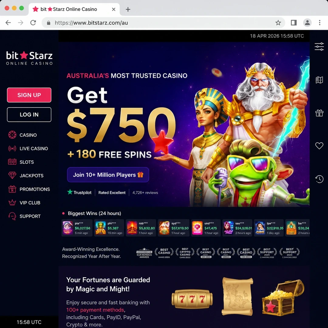 BitStarz Casino homepage open in Chrome on 15 June 2026, showing the A$2,000 four-deposit welcome banner and the main navigation.