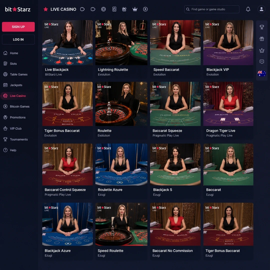 Live casino lobby at BitStarz showing blackjack, roulette and baccarat tables tested from an Australian account in June 2026.
