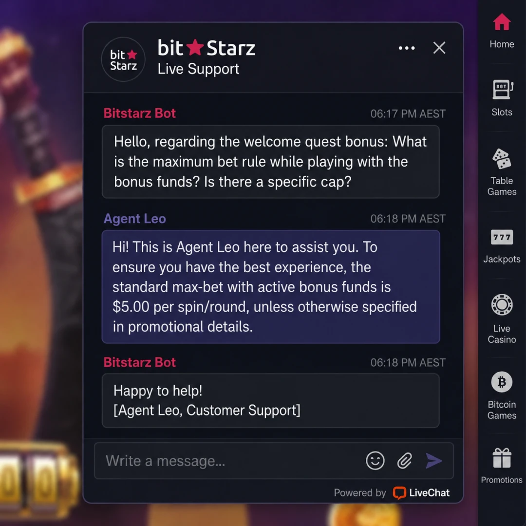 BitStarz live-chat transcript at 22:07 AEST on a Thursday: a bonus max-bet question sent 22:05, agent reply 22:07, player name redacted.