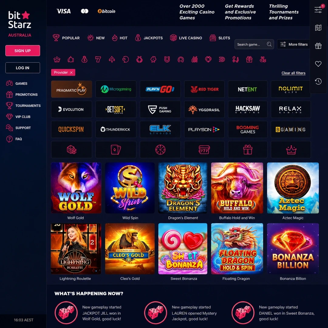BitStarz pokies lobby with the provider filter open.