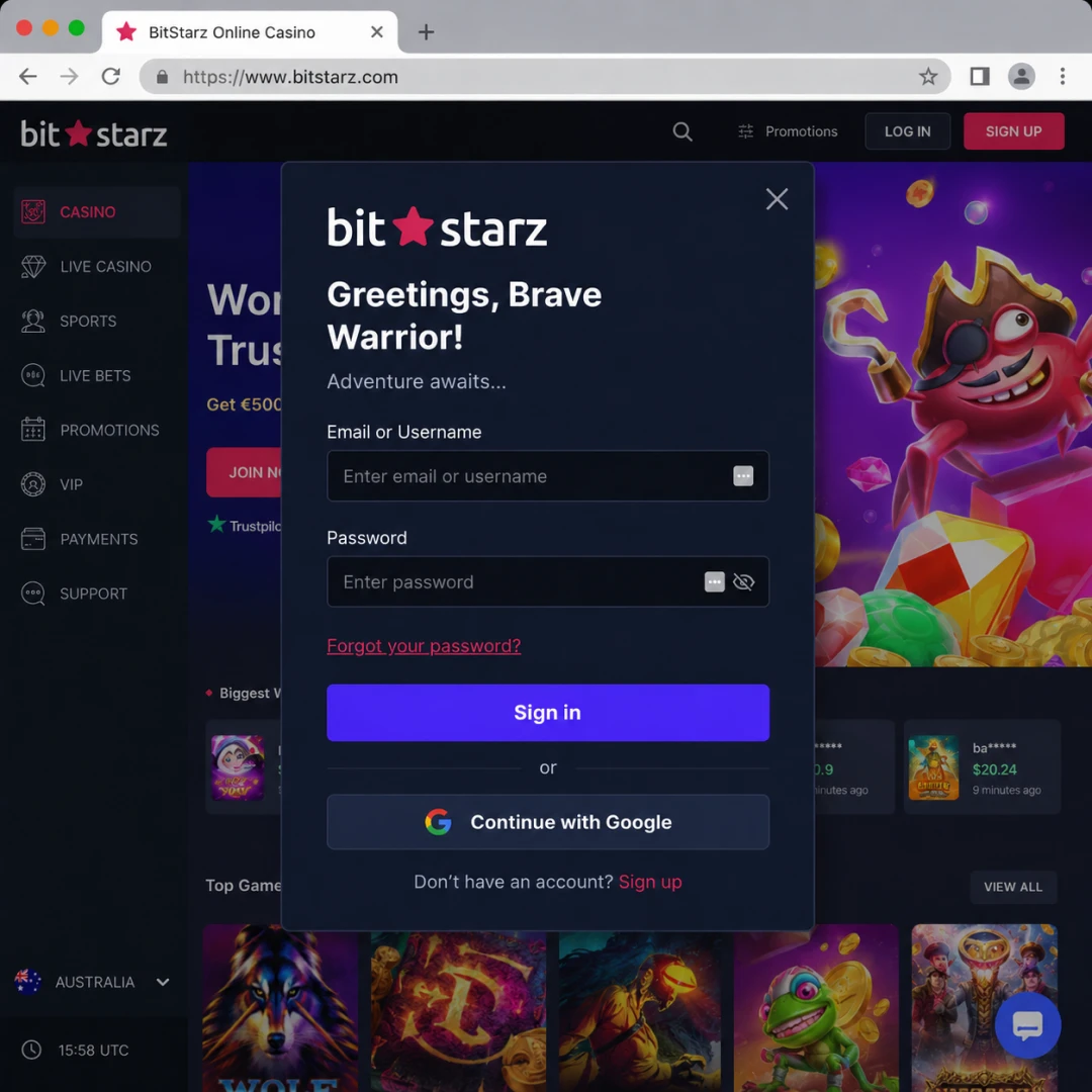 BitStarz sign-up form with AUD as base currency and the 18+ age confirmation checkbox; personal data fields redacted.